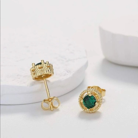 18K Gold Plated Green Zirconia Stud Earrings - Picture 2 of 8